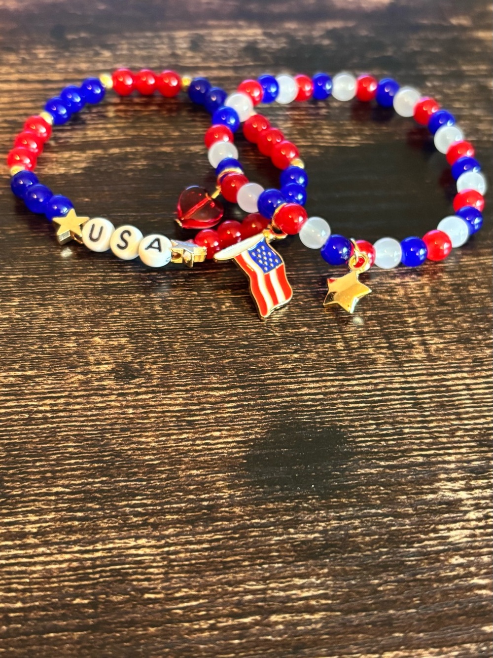 Red, White & Blue USA Charm Beaded Bracelet 2 piece‎ Set